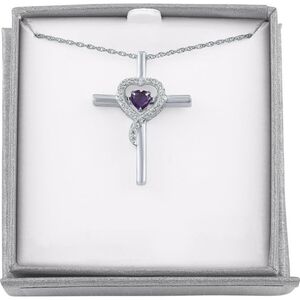 Elegant 925 Sterling Silver & Amethyst Purple Heart Cross Necklace
